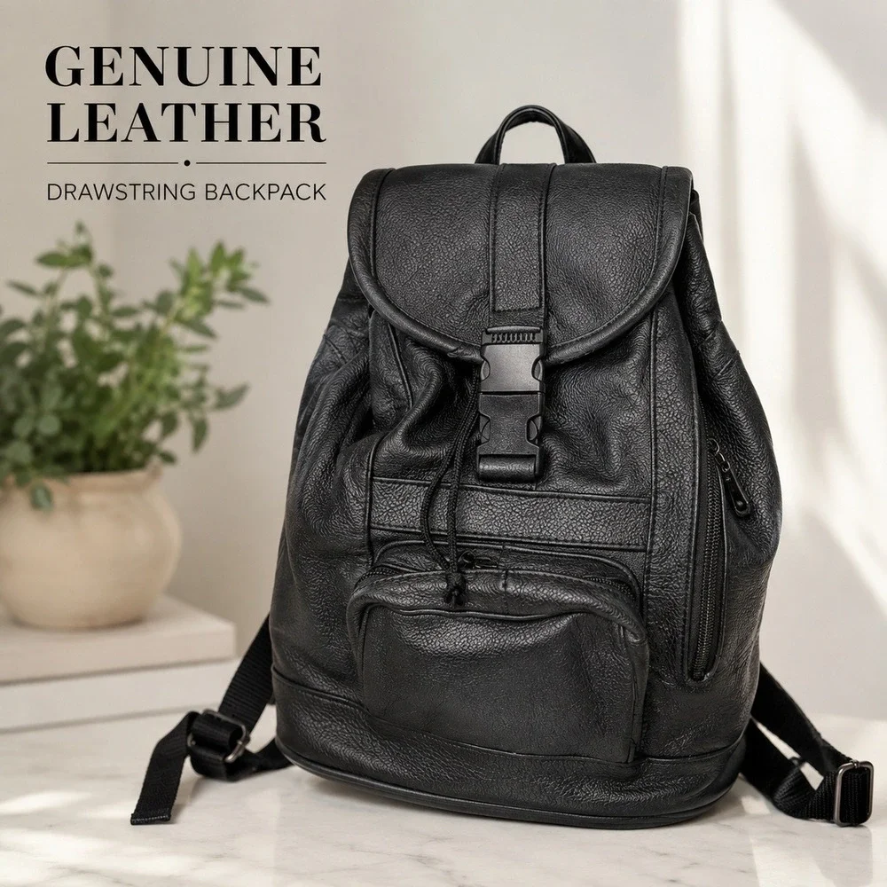 Genuine Leather Drawstring Backpack Black Pebbled Made in Mexico Sling Bag